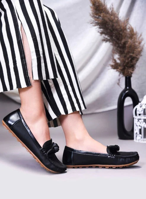 Women Black Bow Loafer Flats – Stylish Slip-On Casual Shoes for Girls Everyday Wear
