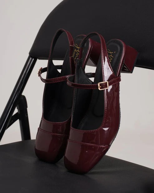 Women Maroon Patent Block Heel Pumps | Elegant Strap Party Heels