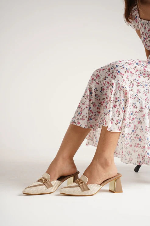 Women Beige Pointed Toe Mule Heels – Stylish Bow Block Heel Slip-On Sandals for Girls Party & Casual Wear