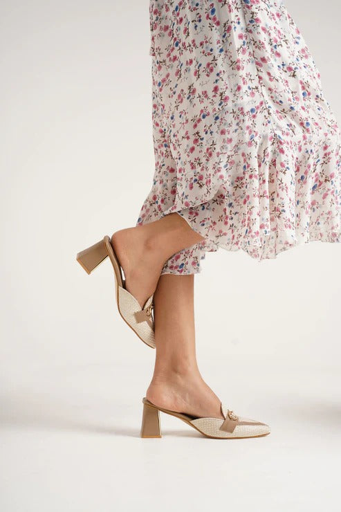 Women Beige Pointed Toe Mule Heels – Stylish Bow Block Heel Slip-On Sandals for Girls Party & Casual Wear