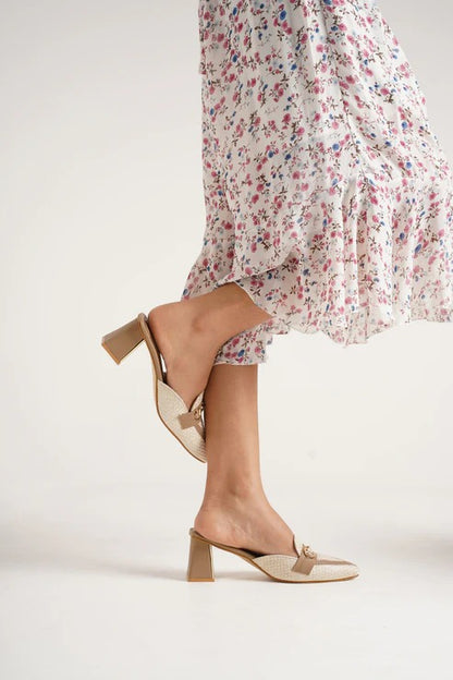 Women Beige Pointed Toe Mule Heels – Stylish Bow Block Heel Slip-On Sandals for Girls Party & Casual Wear