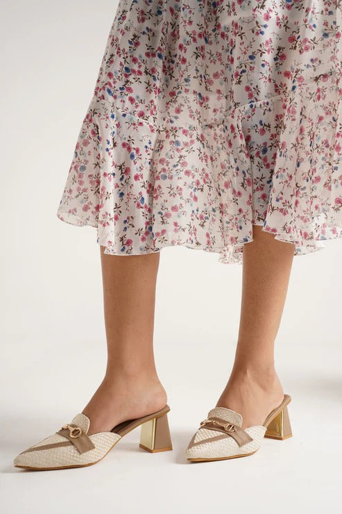 Women Beige Pointed Toe Mule Heels – Stylish Bow Block Heel Slip-On Sandals for Girls Party & Casual Wear