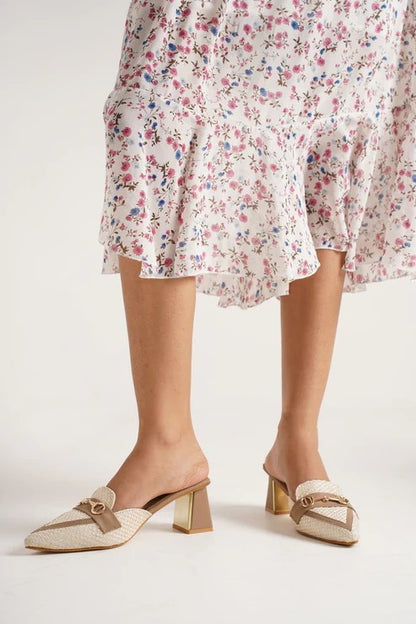 Women Beige Pointed Toe Mule Heels – Stylish Bow Block Heel Slip-On Sandals for Girls Party & Casual Wear