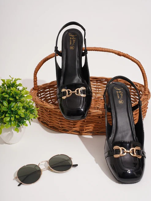 Women Black Slingback Loafer Heels – Stylish Square Toe Chain Strap Shoes for Girls Casual & Office Wear