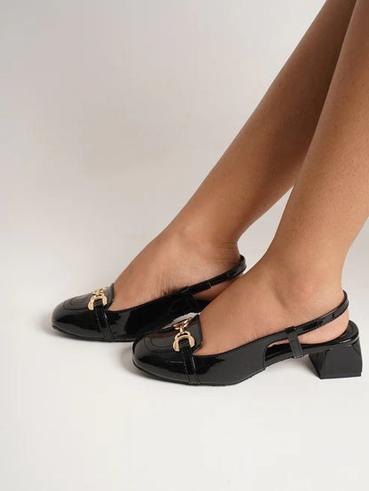 Women Black Slingback Loafer Heels – Stylish Square Toe Chain Strap Shoes for Girls Casual & Office Wear