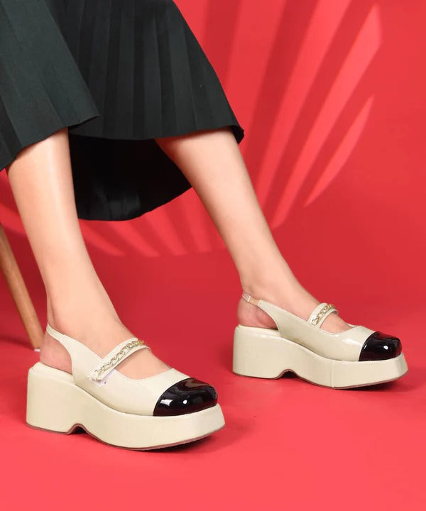 Women Cream Platform Slingback Shoes – Stylish Closed Toe Chain Strap Shoes for Girls Casual & Fashion Wear