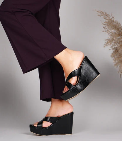 Women Black Wedge Heel Sandals | Stylish Cross Strap Platform Heels