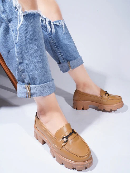 Women Tan Chunky Loafers – Stylish Platform Casual Loafer Shoes for Girls Everyday & Office Wear