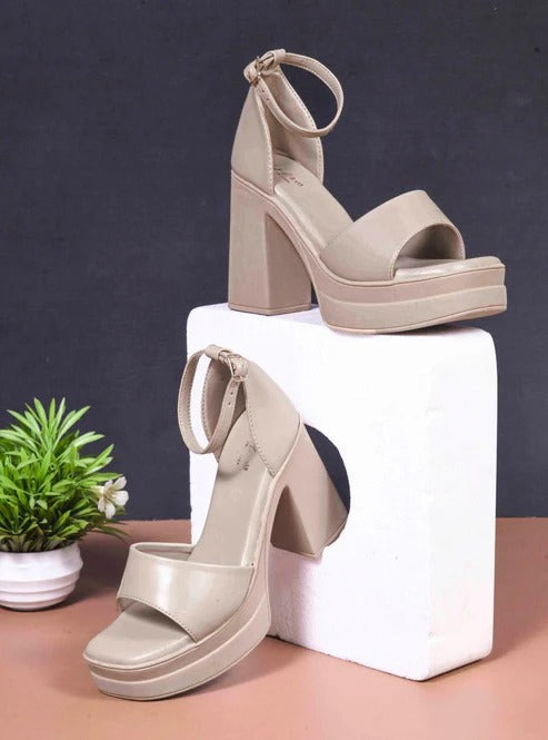 Women Beige Block Heel Platform Sandals – Stylish Open Toe Ankle Strap Heels for Girls Party & Fashion Wear