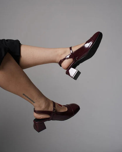 Women Maroon Patent Block Heel Pumps | Elegant Strap Party Heels