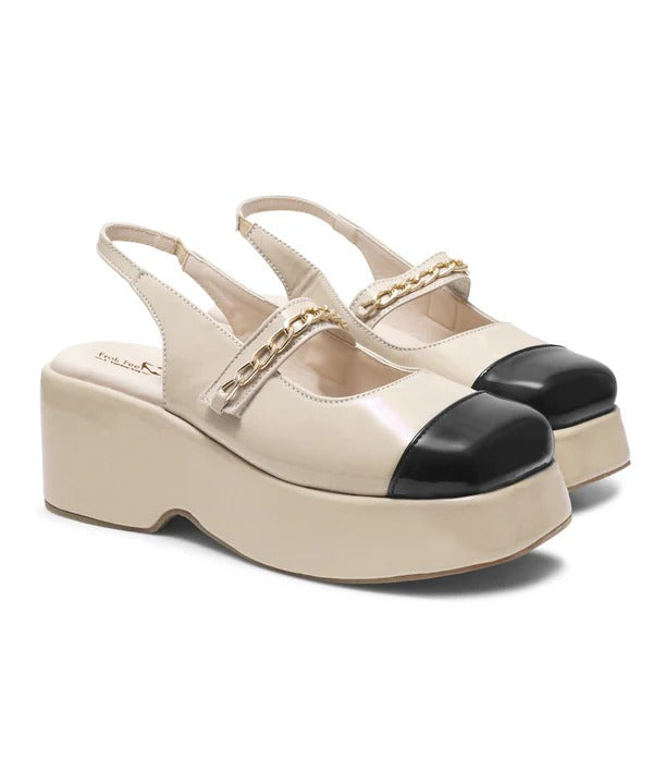 Women Cream Platform Slingback Shoes – Stylish Closed Toe Chain Strap Shoes for Girls Casual & Fashion Wear