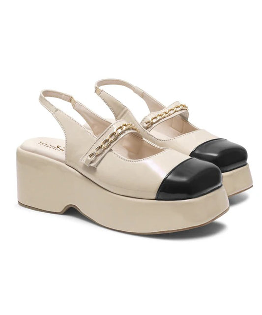 Women Cream Platform Slingback Shoes – Stylish Closed Toe Chain Strap Shoes for Girls Casual & Fashion Wear