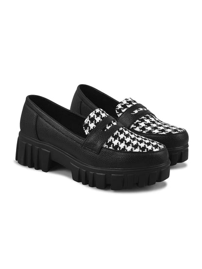 Women Black Chunky Loafers – Stylish Pattern Slip-On Platform Loafer Shoes for Girls Casual & Office Wear