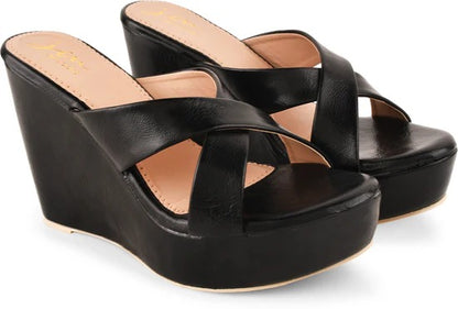Women Black Wedge Heel Sandals | Stylish Cross Strap Platform Heels