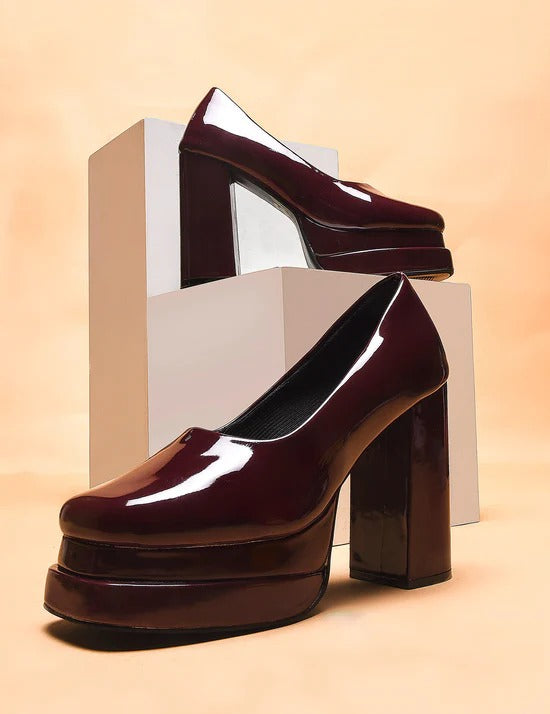 Women Burgundy Platform Block Heel Pumps – Stylish High Heel Closed Toe Party Shoes for Girls