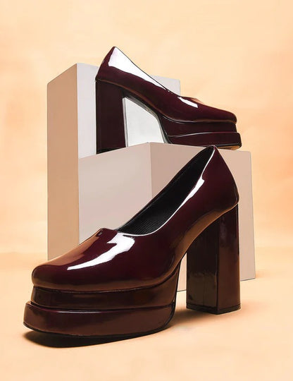 Women Burgundy Platform Block Heel Pumps – Stylish High Heel Closed Toe Party Shoes for Girls